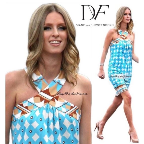 Diane Von Furstenberg Banner Dress Rhombus Blue Brown Print Silk Mini NWT Size 4 - Picture 3 of 10